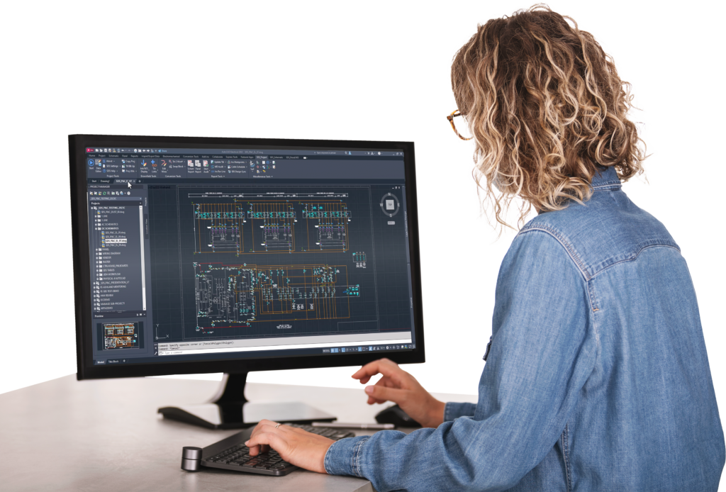 Woman using protection and control design software