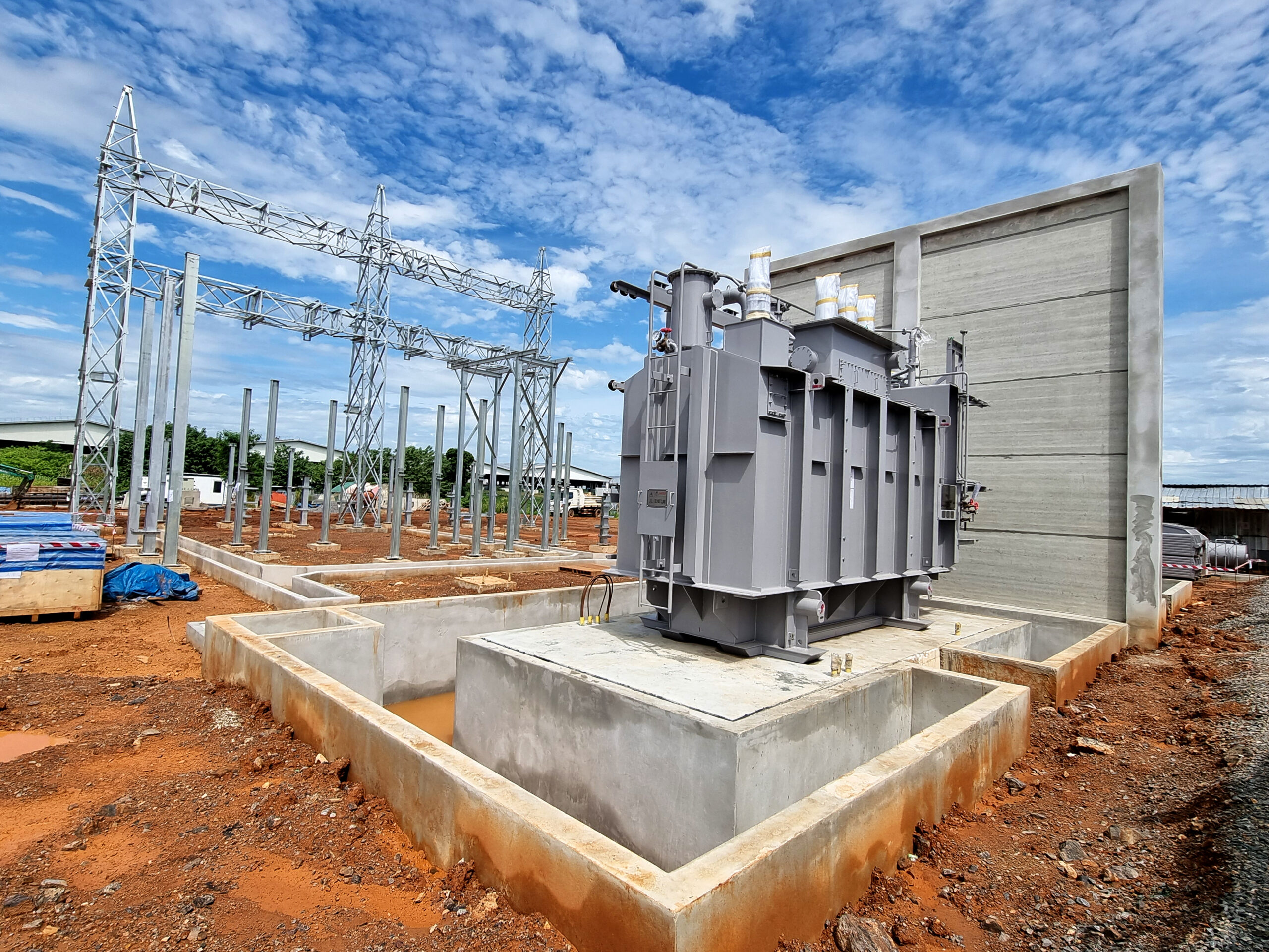 Construction of Substation, Main tank power transformer Installation, the high voltage take-off tower, and foundation for electrical equipment in the switchyard